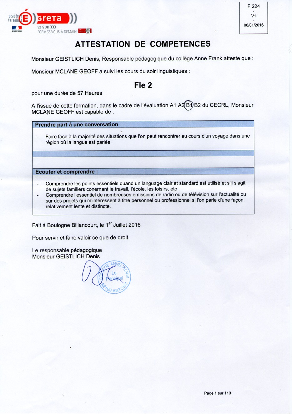 Attetation de comptetance